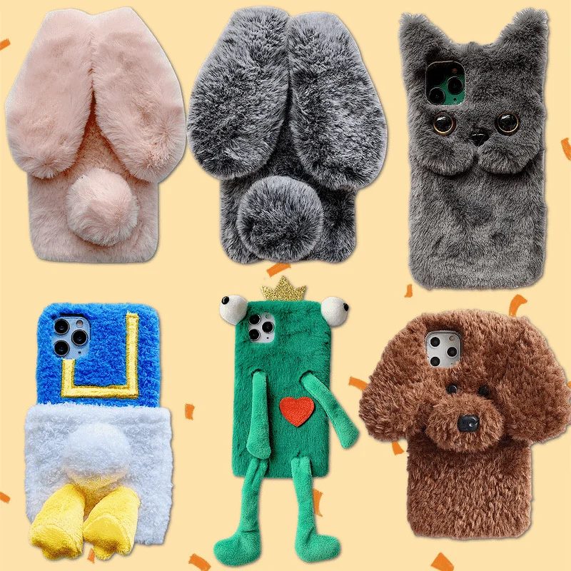 

Cute Fur Animal Phone Case for IPhone 12 11 Pro X Xr Xs Max 8 7 Plus 6 s Furry Rabbit Cat Dog Fluffy Plush Bunny Soft Cover Warm