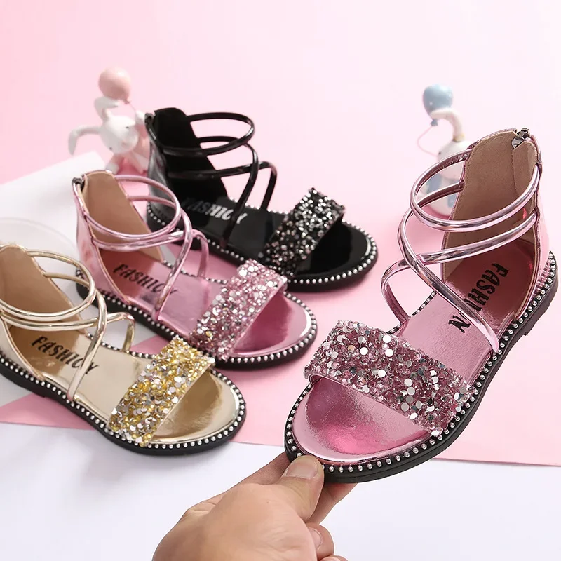 

Kids Sandals Girls Princess Shoes Summer 2023 New Korean Edition Soft Soled Mid Big Kids Rhinestone Girls Student Roman Shoes