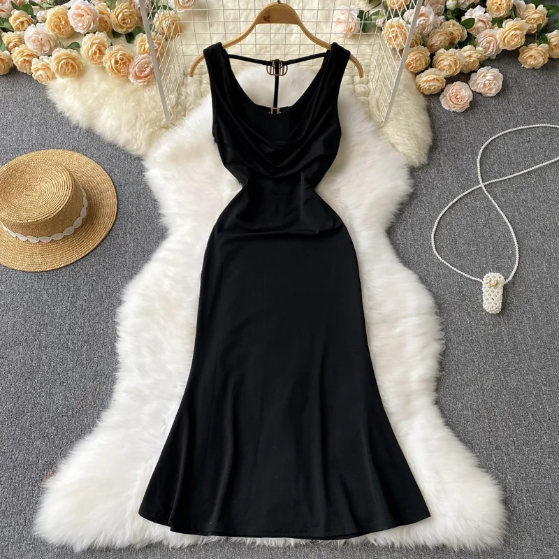 

2022 Summer New High Waist Strap Fishtail Mid-Length Dress Black Suspender Dress Dress Women