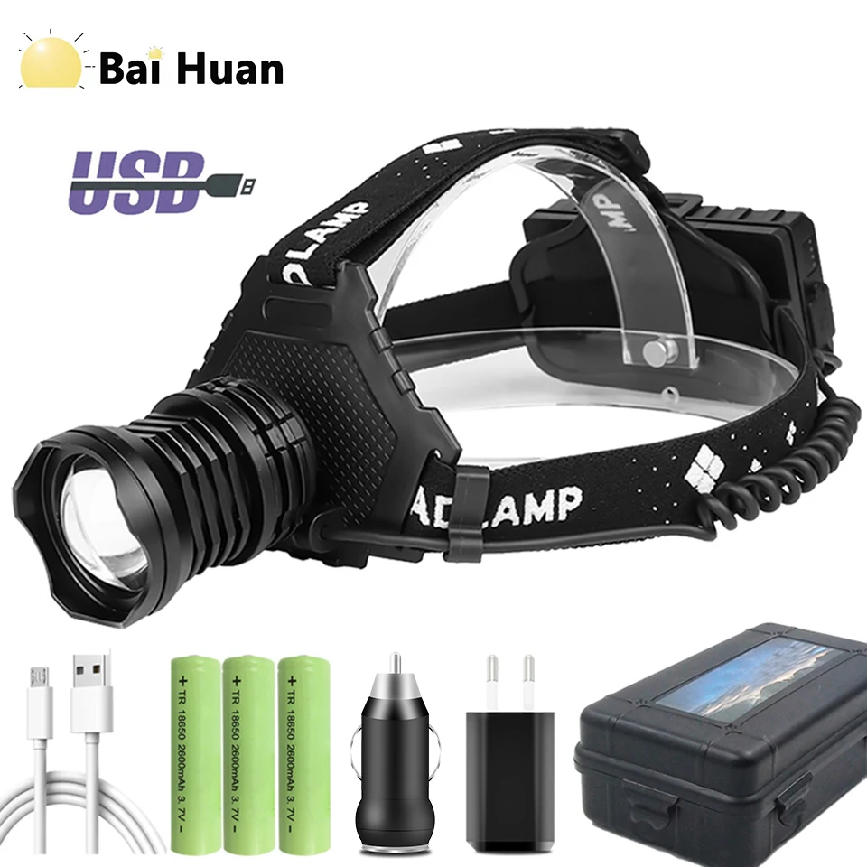 High Power Led Headlamp Zoom Waterproof Powerful Super Bright Head Torch Lantern Headlight 1000000LM USB Rechargeable Flashlight