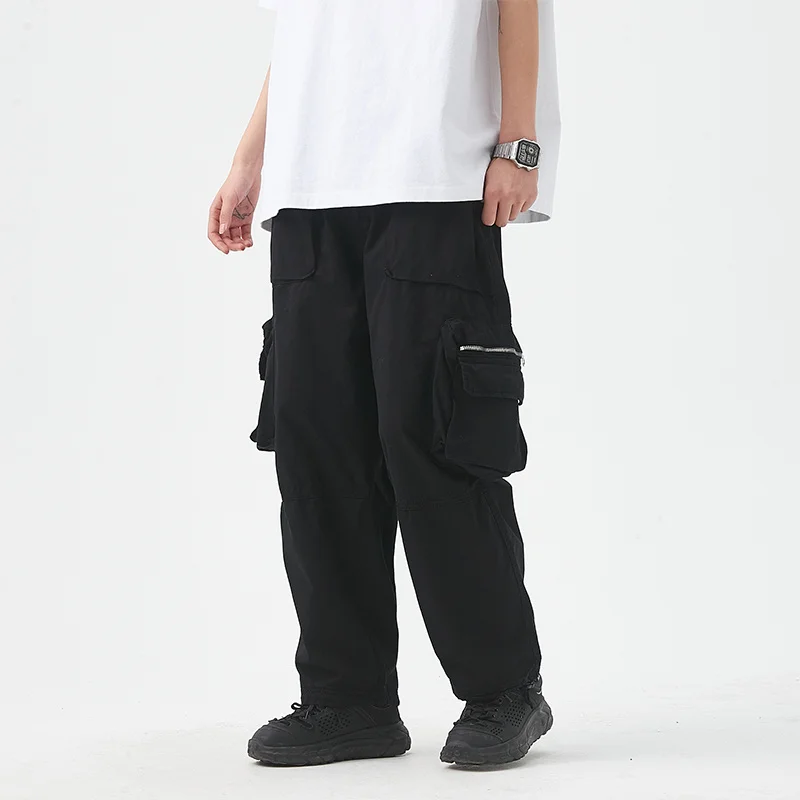 

Breathable Cotton Washed Batik Zipper Large Pocket Pants Men Streetwear Fashion Loose Casual Cargo Pant Overalls Trousers
