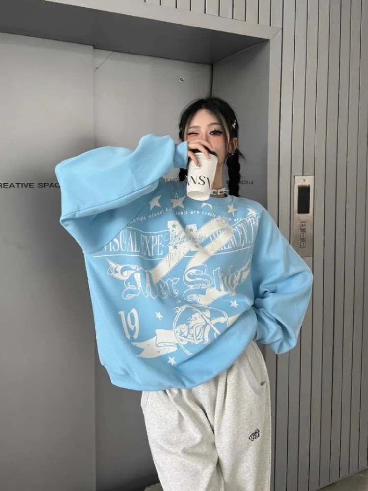 

Hikigawa Autumn Vintage Star Print Women Pullovers Tops Casual Loose O Neck Long Sleeve Hoodies Preppy All Match Sweatshirts