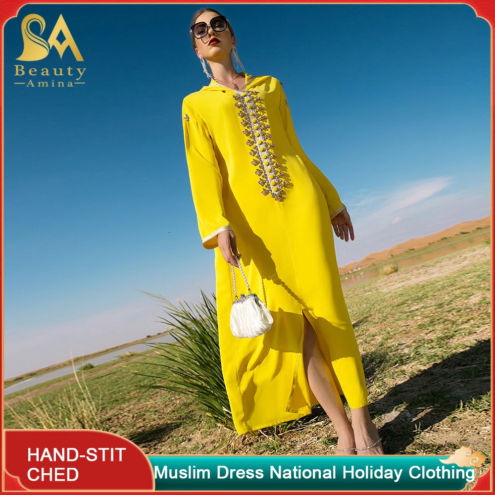 Muslim Robe Bright Yellow Hand-Sewn Diamond Stitching Gold Ribbon Dress Muslim Middle East Moroccan Women's Ethnic Style Robe Ab