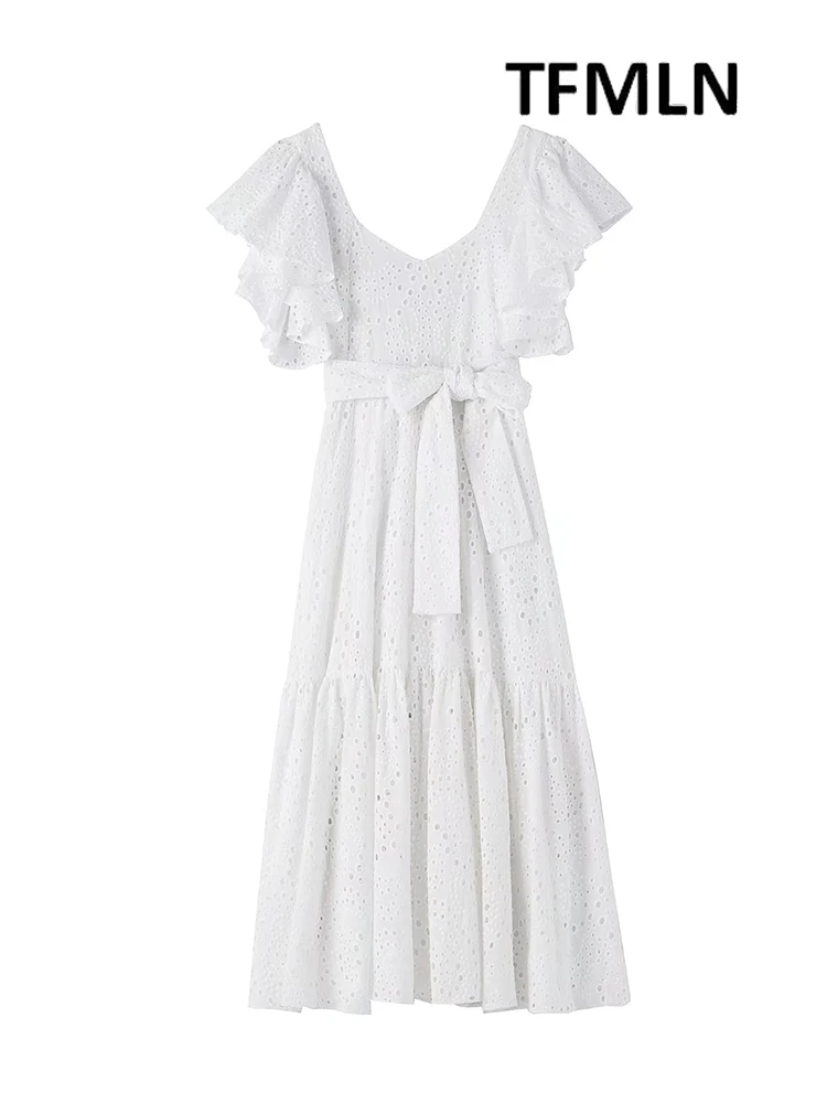 

Платье TFMLN женское с вышивкой и поясом, элегантное вечернее платье с вырезами и рукавом-бабочкой, женское летнее платье 2022