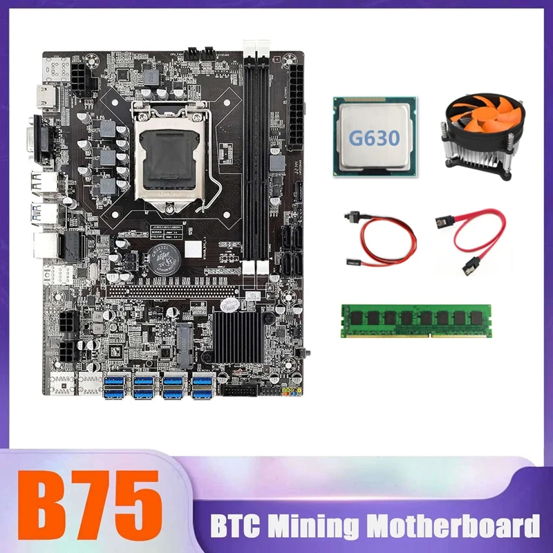 

B75 BTC Miner Motherboard 8XUSB+G630 CPU+DDR3 4G 1600Mhz RAM+CPU Cooling Fan+Switch Cable+SATA Cable USB Motherboard
