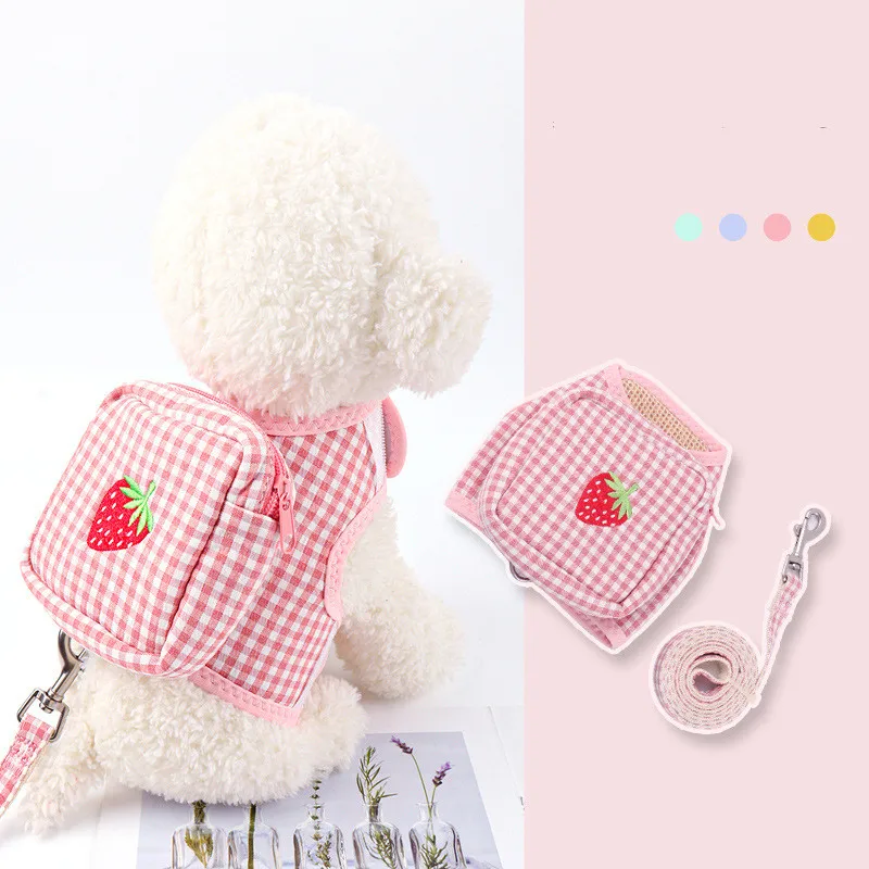 

Fruit Embroidery Plaid Soft Dog Vest Chest With Backpack Harness Leash Traction Rope For Dogs Cat Lead Walking Pet Accessories