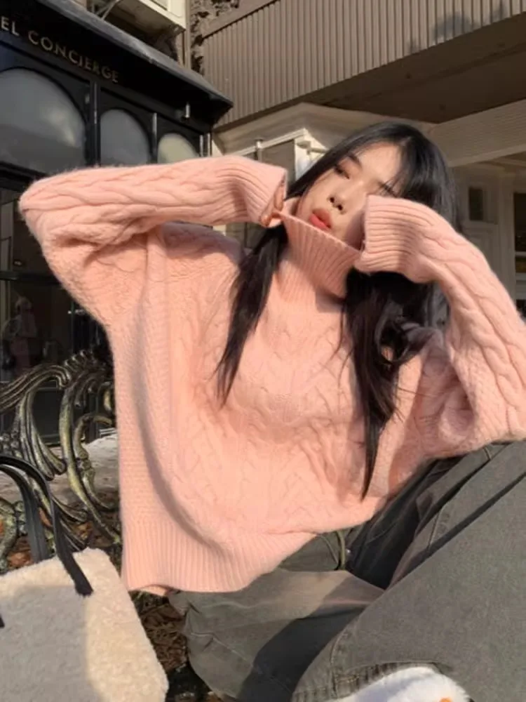 Розовый свитер с высоким воротником женский осенне-зимний утолщенный верхний