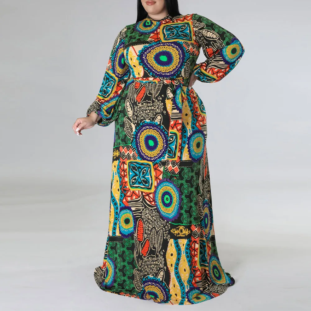 

Plus Size Women Party Dresses Long Sleeve Long Printed Crew Neck Dress Beautiful Large All Season Dress XL -5XL