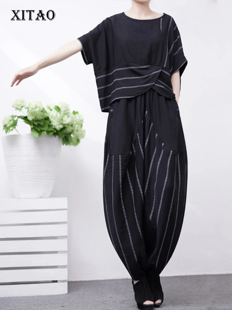

XITAO, модные повседневные комплекты из двух предметов, черная полосатая свободная простая летняя новая женская футболка, топ, шаровары, комплекты, WLD16374