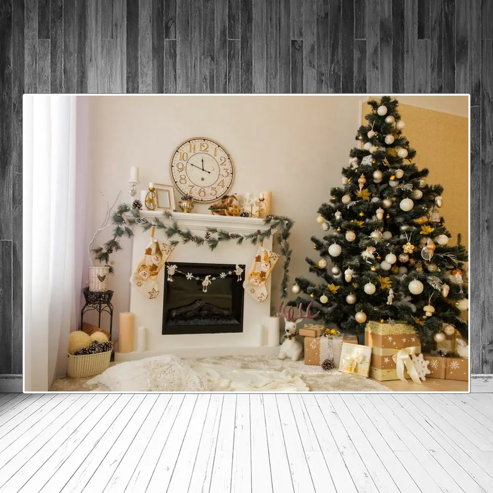 

Фон для фотосъемки с изображением рождественской елки шаров подарков часов камина