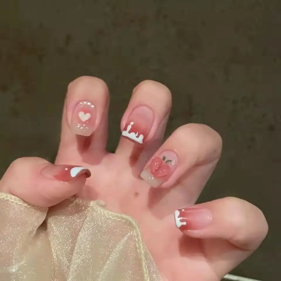 

24Pcs Pink Peach Cute False Nails Seamless Removable Wearing Fake Nails Creative Art Full Coverage Waterproof Press On Nails