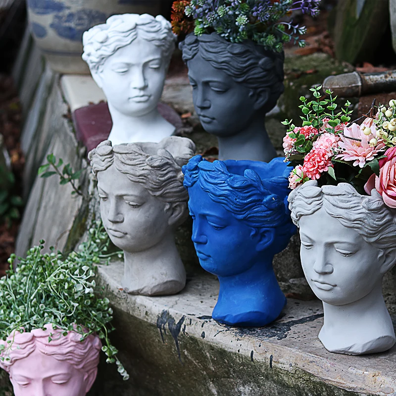 

8-Color Creative Portrait Retro Art Vase Cement Head Flower Pot Venus Greek Goddess Statue Vase Crafts Decoration Ins Figurines