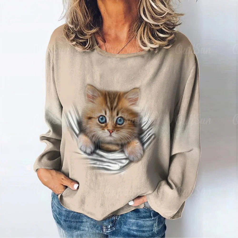 

Women's Long Sleeve Shirt Cat Pattern Anime 3D Printed Cute Ladies Clothing Oversized Kawaii Casual Pullover Graphic Tops Autumn