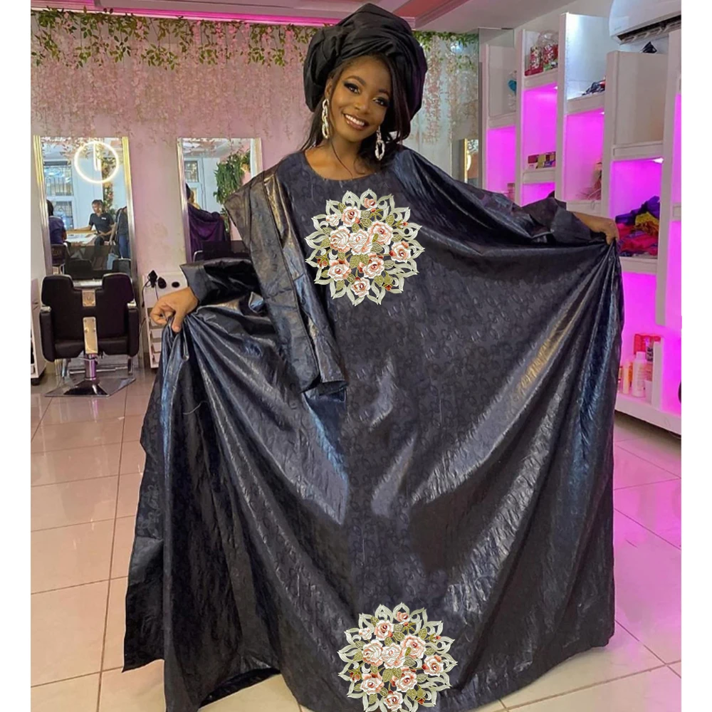 Черные африканские богатые платья Bazin для женщин Сенегал с длинным рукавом