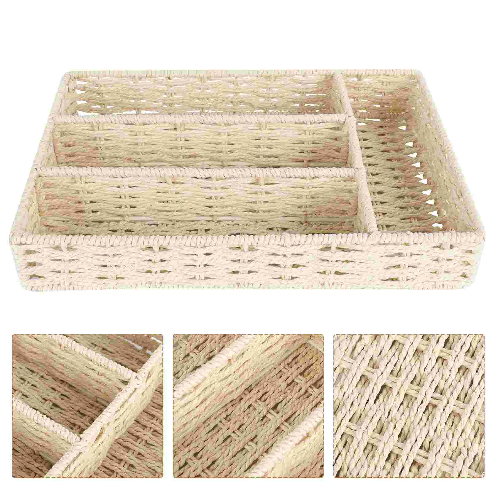 

Basket Organizer Storage Box Woven Desk Tea Baskets Tablewicker Sundries Tray Mail Straw Drawer Small Seagrass Rattan Containers
