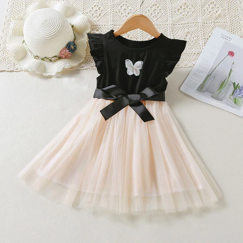 

Summer Girls Dresses 2022 Kids Embroidered Butterfly Princess Dress 3-7 Years Kids Tulle Patchwork Children's Clothing Black
