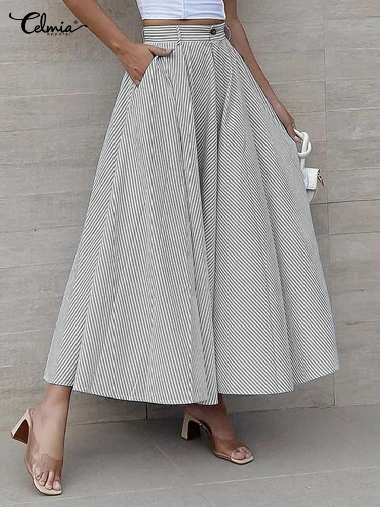 

Women Long Skirts 2023 Striped Party Maxi Skirt Celmia Fashion Loose Casual Skirt Summer High Waist A-line Office Lady Bottoms