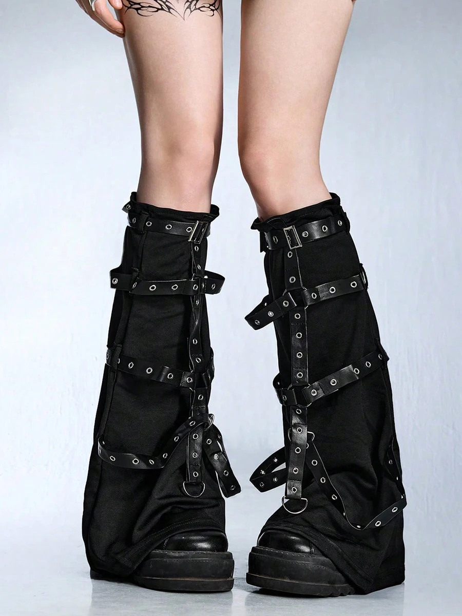 IMU Edgy Garter Женские гетры из черной кожи с ремнями, длинные носки-чулки с манжетами, накладки на ботинки, гранж-панк-образ для фестиваля. (art.: 3920dd0b930ff) - 3920dd0b930ff