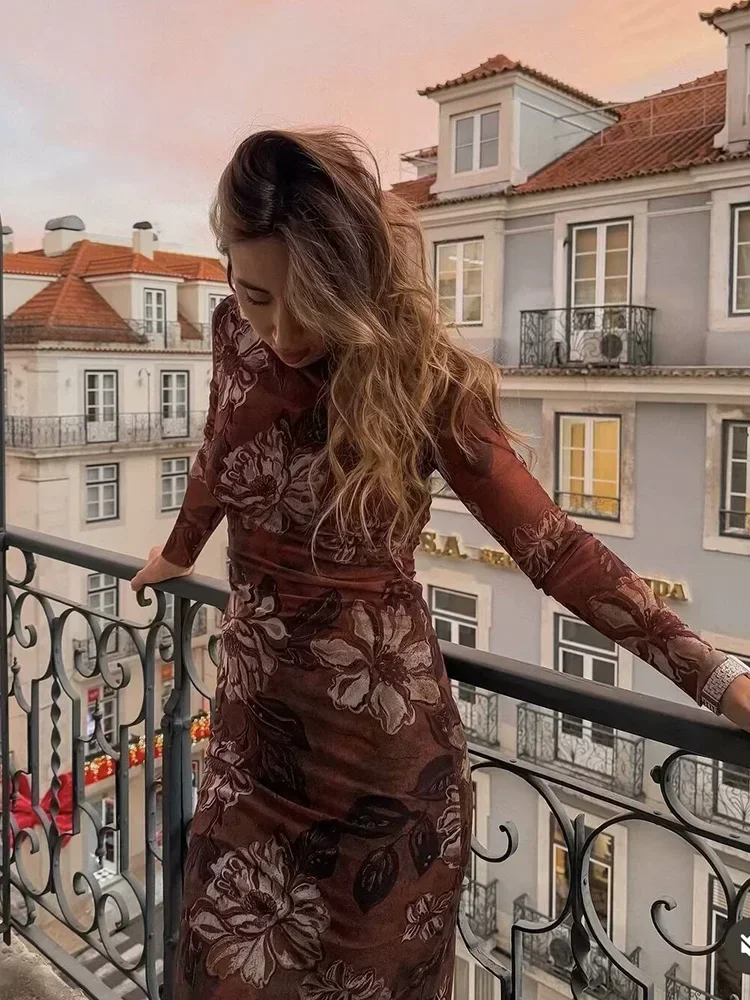 Сетчатое вечернее платье с цветочным принтом коричневые платья макси длинными