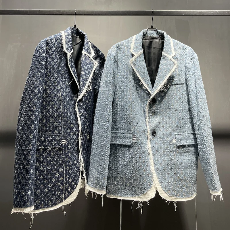 

Autumn Men's Vintage Holes Blazers Jackets Denim Crystal Loose Light Luxury Hight Quality Cool Handsome Tide Suit 21Z1261