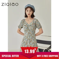 ziqiao japanese women floral print chest fold design asymmetry short dresses