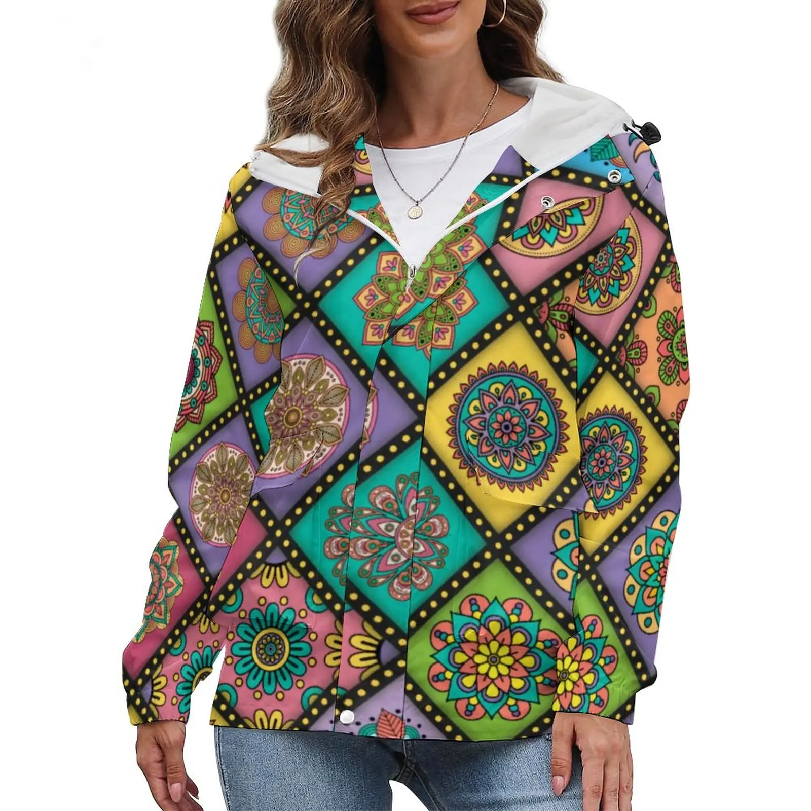 

Retro Mandala Patchwrok Casual Jackets Winter Warm Colorful Print Loose Coats Womens Graphic Trendy Hooded Jacket Big Size 5XL