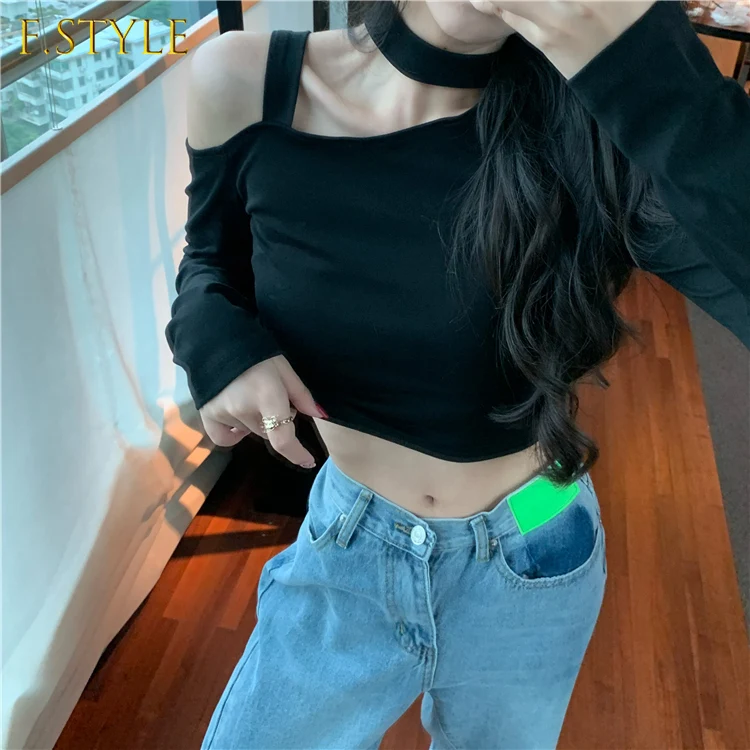 

Halter Design T-shirts Women Crops Off-shoulder Dance Sexy Spring Girls Casual Tops Inside Clothes Trendy New Collection Fall