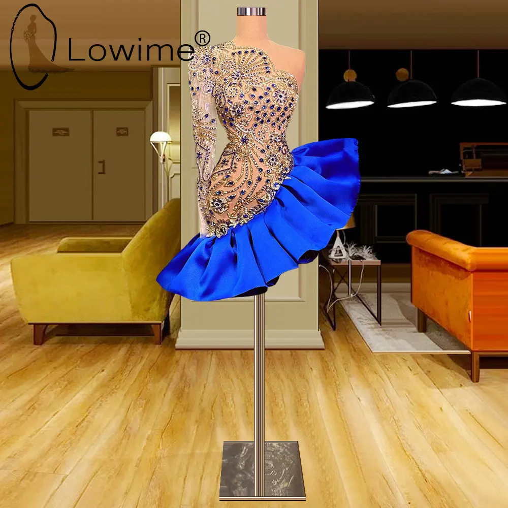 

Chic Blue One Shoulder Long Sleeves Short Prom Dresses Luxury Crystals Diamond Women Party Dress Sexy Illusion Night Club Gowns