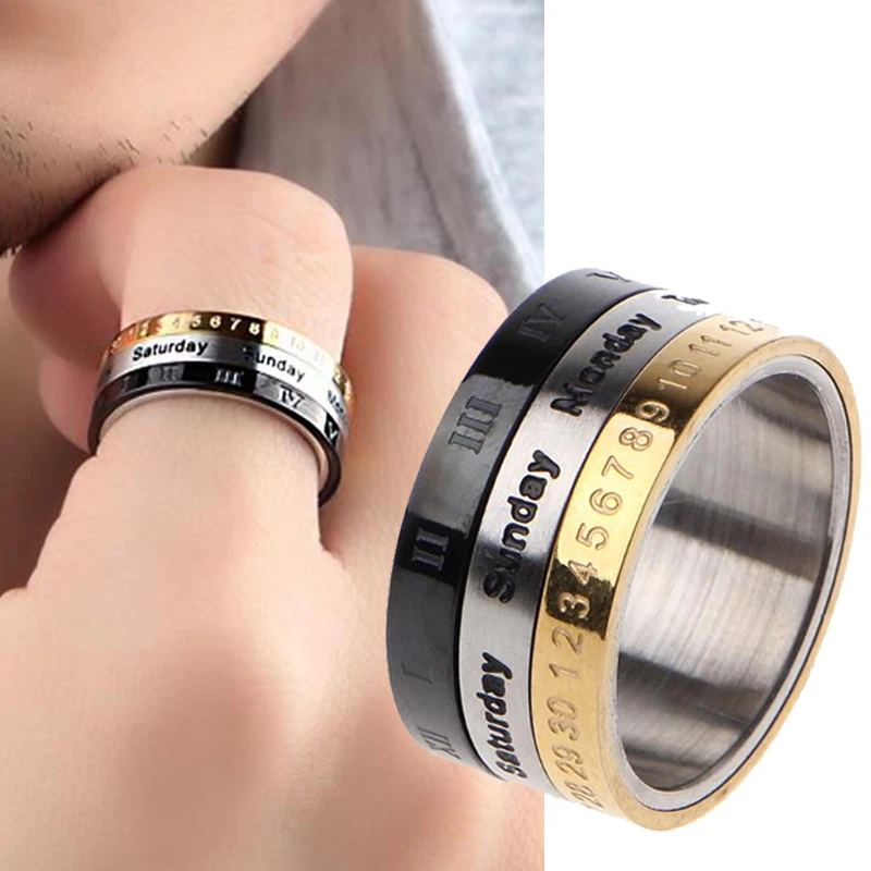 

Men's Roman Numerals Date Calendar Time Ring For Rotatable Week Finger Gold Fashion Punk Biker Wedding Titanium Steel Rings New