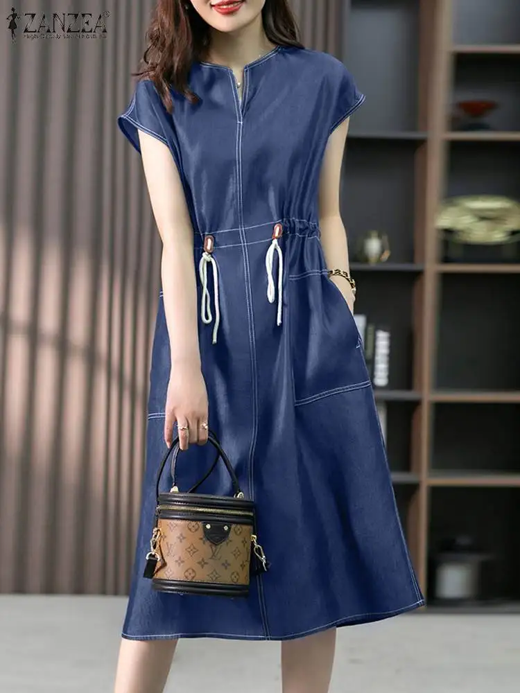 

ZANZEA Fashion Summer V neck Short Sleeve Shirtdress Women Casual OL Work Midi Vestido Robe Femme KaftanDenim Blue Sundress