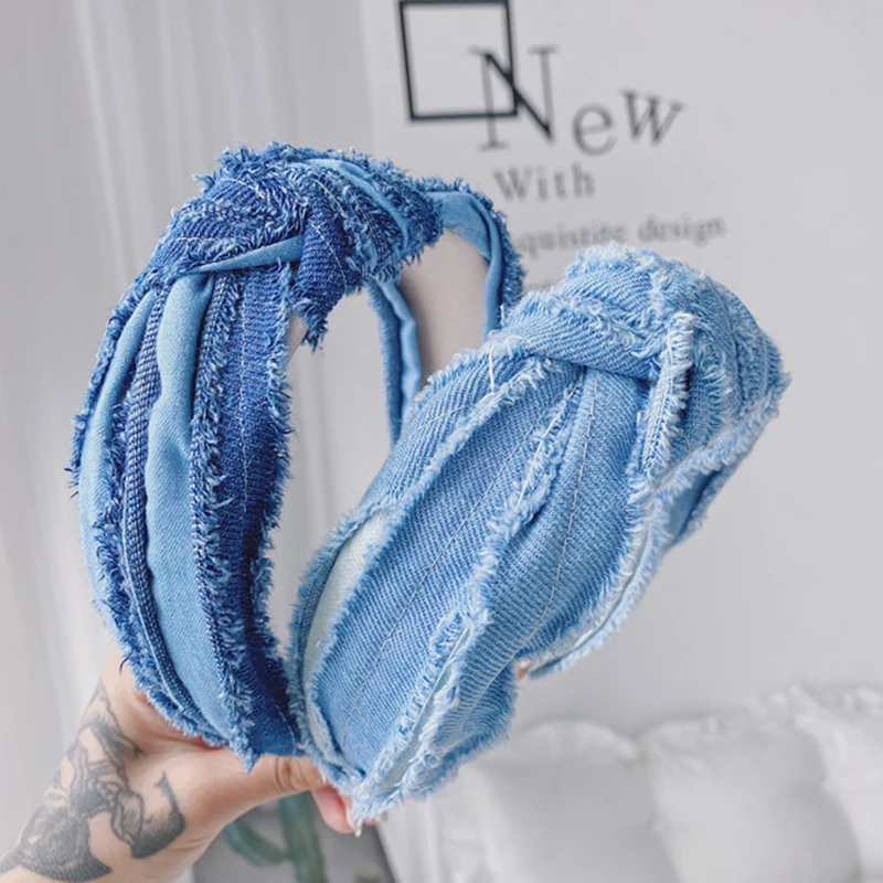 

Denim Crinkled Headband Cross Knotted Head Hoop Retro Folds Hair Hoops Cloth Fabric Wide-brim Hairbands Fashion Hair Accessories