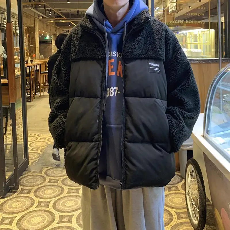 Y2K Emo Men Streetwear Winter Zip Up Padded Jacket Lamb Wool Plus Velvet Jackets Warm Bubble Mens Coats Puffer Coat Alt Clothing