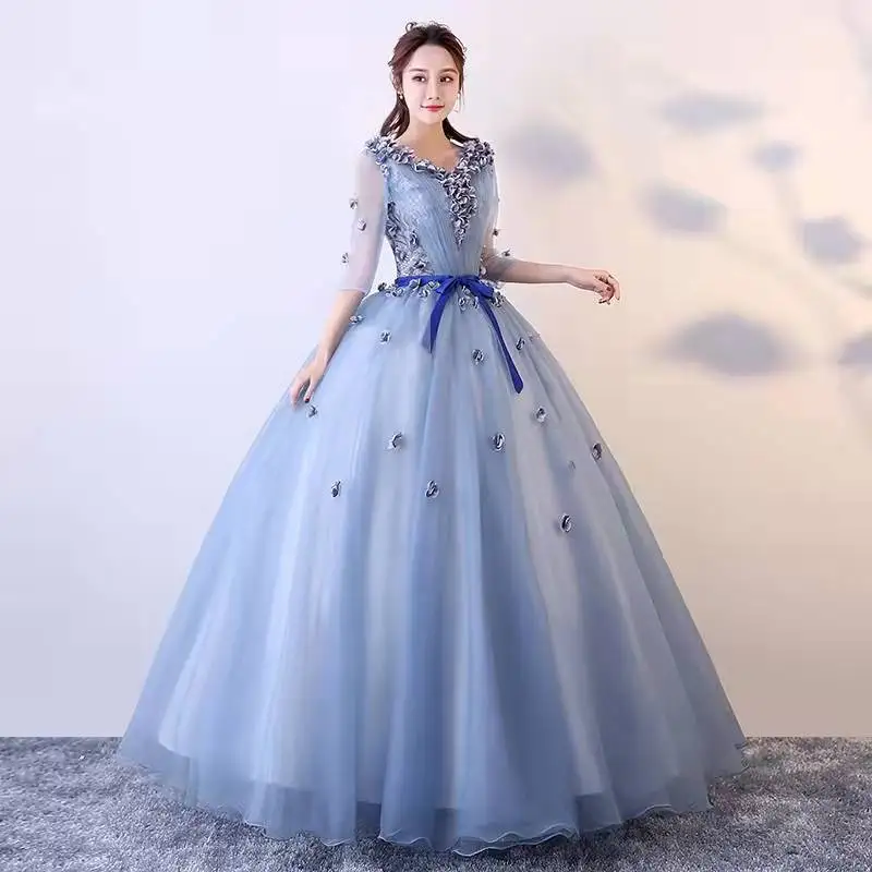 Host Performance Costume Art Test Annual Meeting Stage Long Elegant Maxi Party Dresses Blue Women Plus Size Puffy Evening Dress