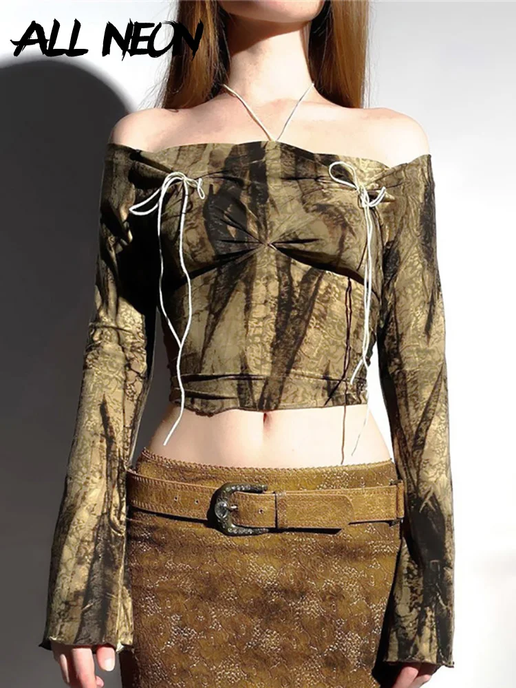 

ALLNeon Cyber Y2K Aesthetics Bandage Printing Off Shoulder Crop Tops Fairy Grunge Streetwear Halter Long Sleeve T-shirts Retro