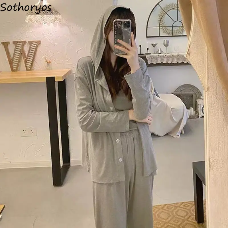 

Пижамный комплект из трех предметов, женская осенняя одежда для сна в японском стиле, однотонные простые куртки с капюшоном, пикантные майки, удобная домашняя одежда