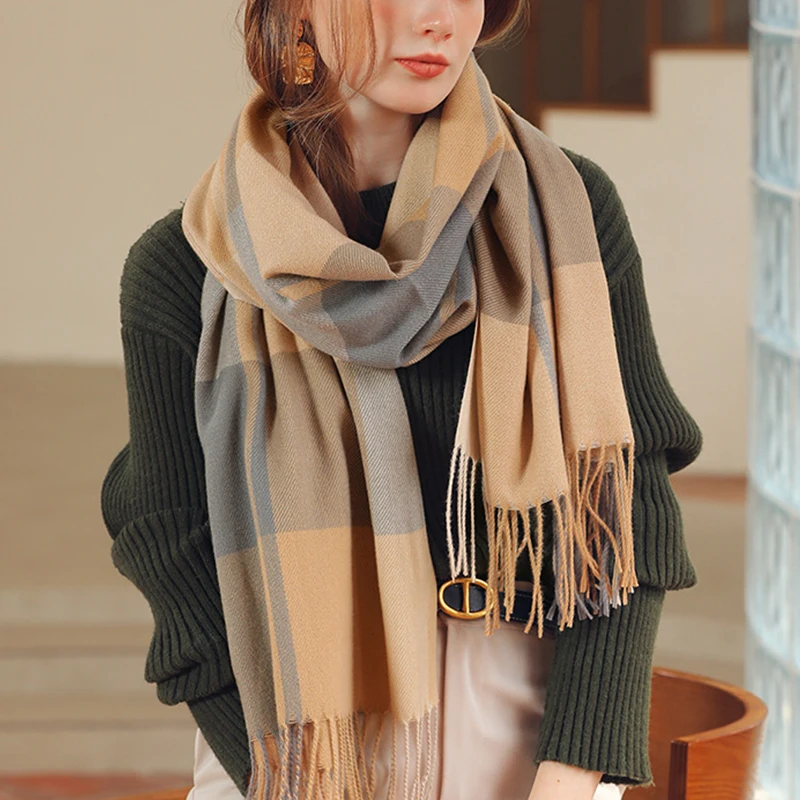 

Плотный теплый зимний шарф в клетку, Женский дизайнерский шарф с принтом, женский шарф с кисточками, вязаное мужское одеяло из фуляра