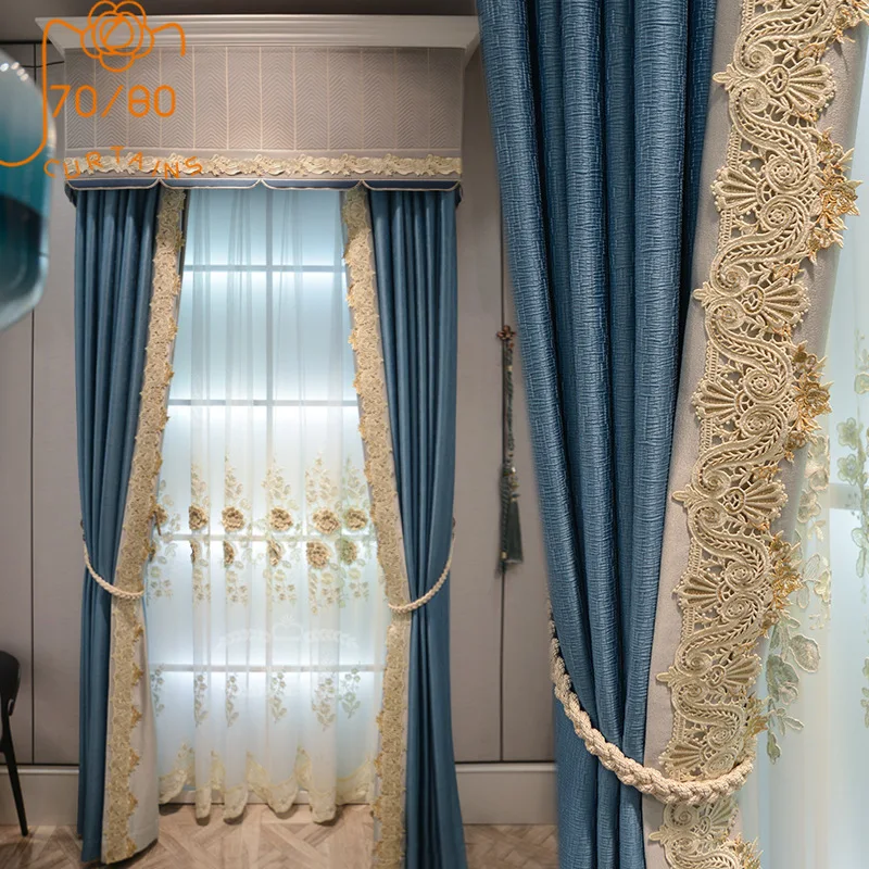 French Luxury Lace Stitching Shading Jacquard Curtains for Living Room Bedroom Custom Finished Gauze Curtains