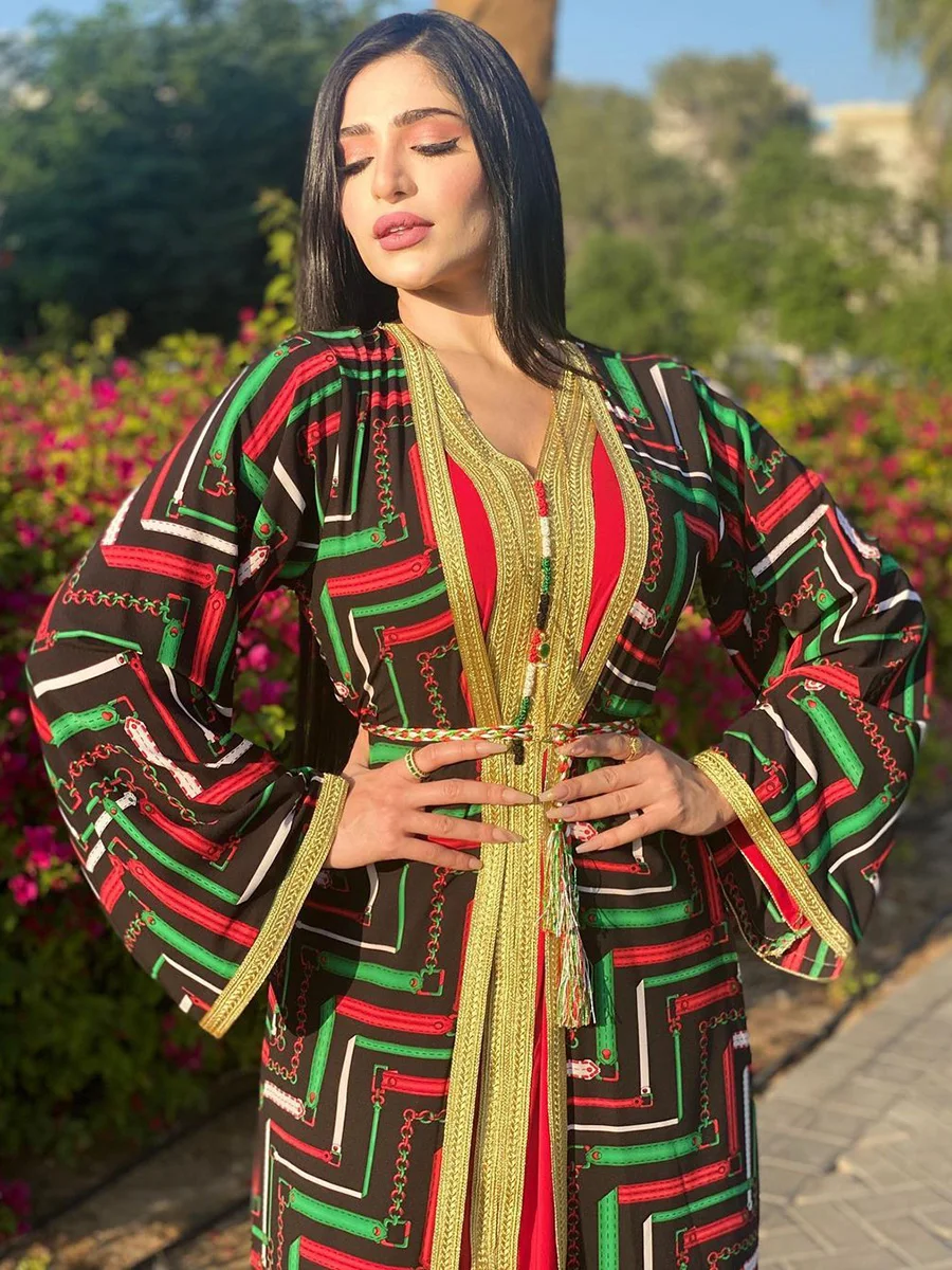

Eid Mubarak Fashion Women Muslim 2 Pieces Abaya Set 2022 Dubai Turkish Arabic Hijab Dress Print Kimono Moroccan Kaftan Cardigan