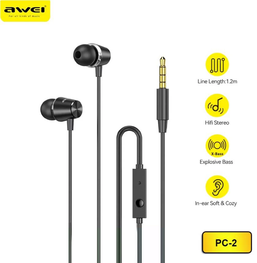 

Awei PC-2 Original Wired Earphones Mini Hifi Stereo in-Ear music Sound 3.5mm Phone Earbuds with 1.2m Cable Wire Game Headset
