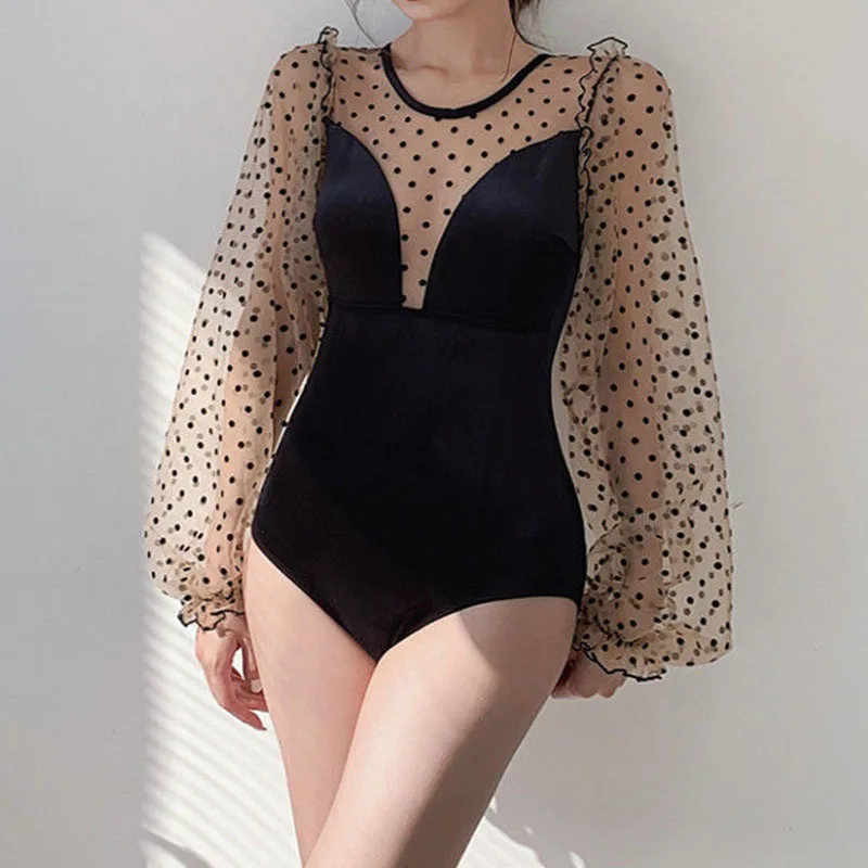 Korean Version Conjoined Body Women's Clothing 2023 Conservative Slimming Long Sleeve Lace Dot Printed Casual Backless Swimwears