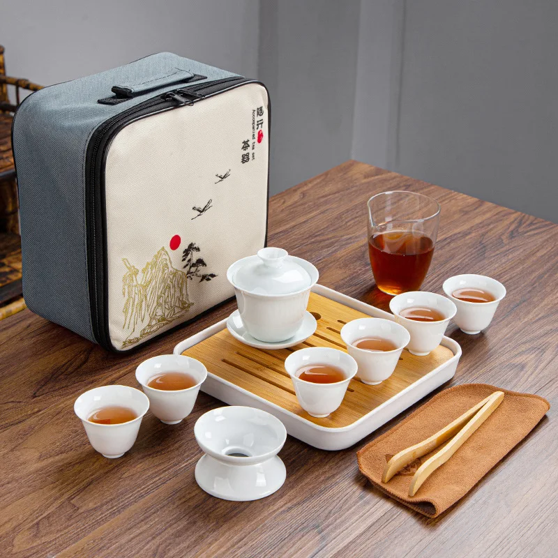 

White Drinkware Set Chinese Kung Fu Travel Tea Set Ceramic Portable Teacup Porcelain Gaiwan Tea Cup Handmade Teapot Vintage Gift