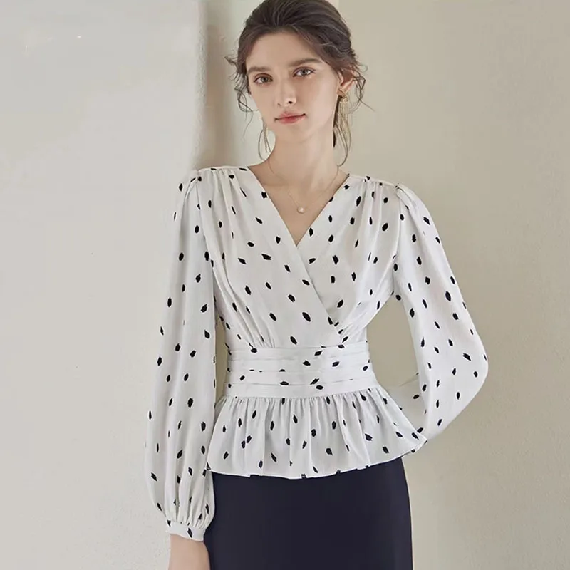

Elegant Printed Polka Dot Spliced Folds Ruffles Blouses Women's Clothing 2023 Autumn Winter All-match Tops Lantern Sleeve Shirts