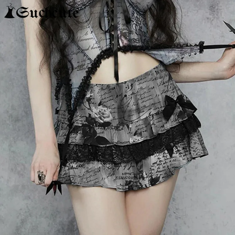 

SUCHCUTE Gothic Vintage Tie-dye Print Mini Skirts Grunge Streetwear Fairycore A-line Skirts Women y2k Low Waist Pleated Clothes