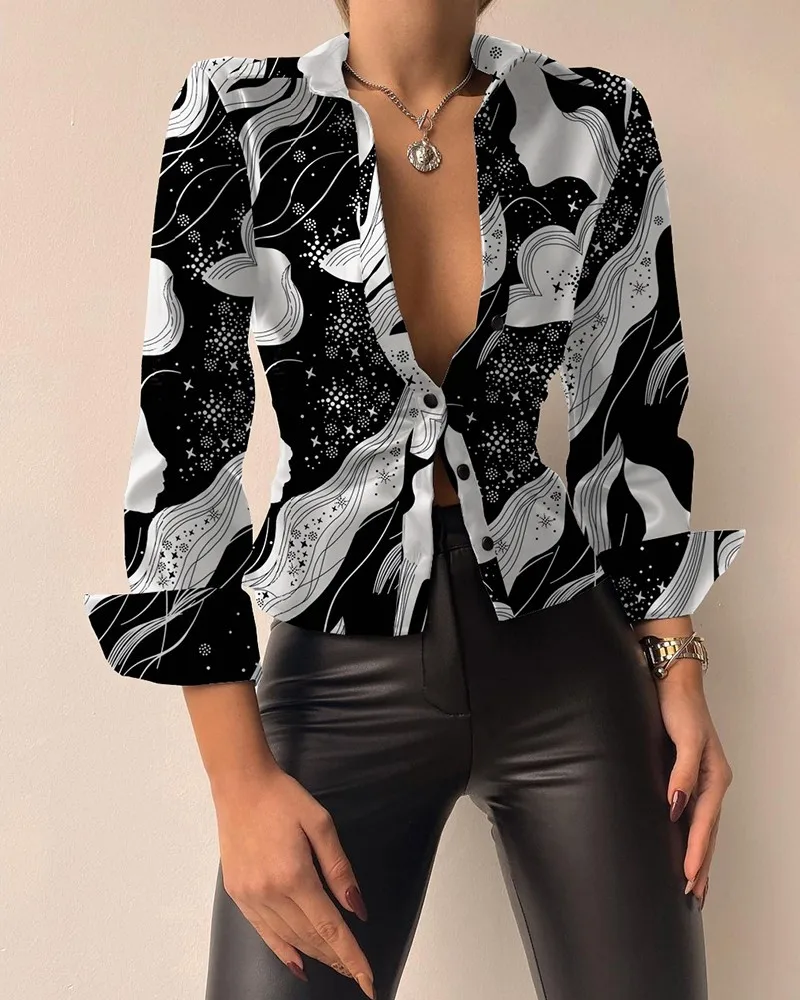 

Spring Sexy V-neck PU Leather Patchwork Blouse Women Elegant Office Shirt Top New Fashion Printed Long Sleeve Ladies Blouses