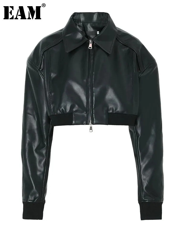 

[EAM] Свободная черная короткая куртка из искусственной кожи большого размера, новинка, Женское пальто с отворотом и длинным рукавом, модная демисезонная 2023 1DF3133