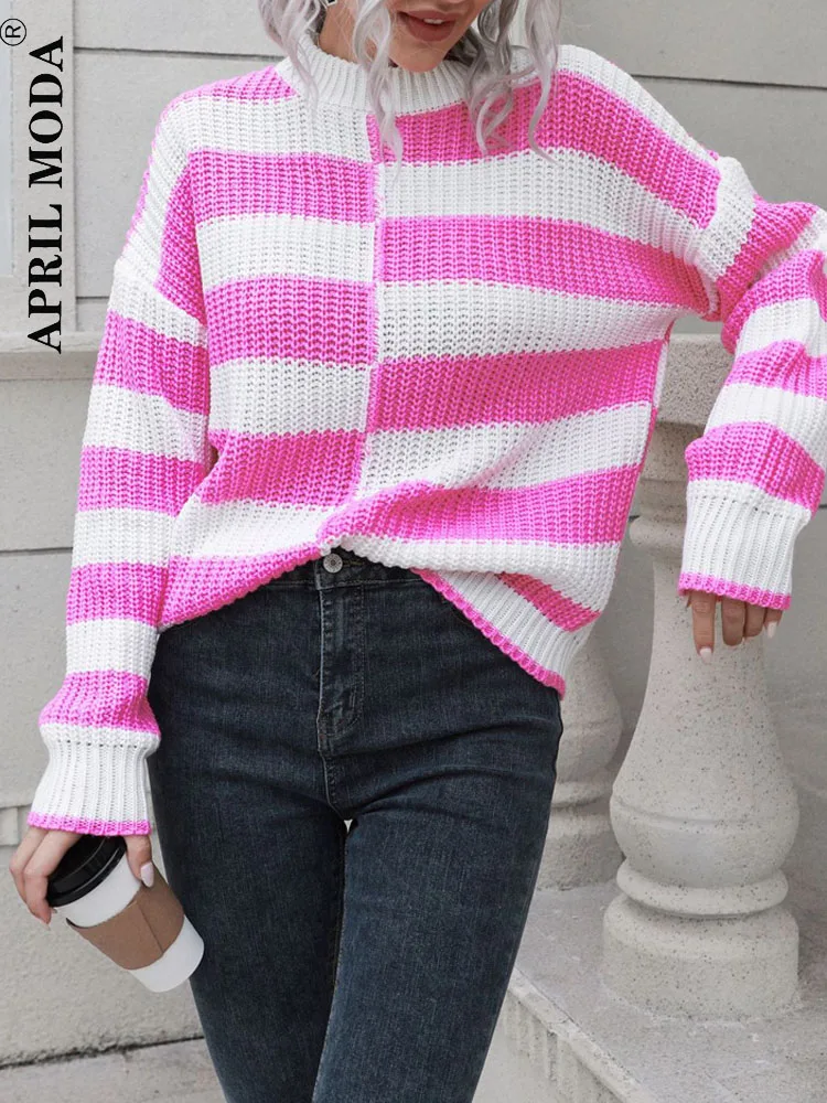 

Элегантные зимние вязаные пуловеры в полоску с принтом; Повседневная теплая вязаная водолазка; Цвет розовый, черный, серый; Винтажные прост...