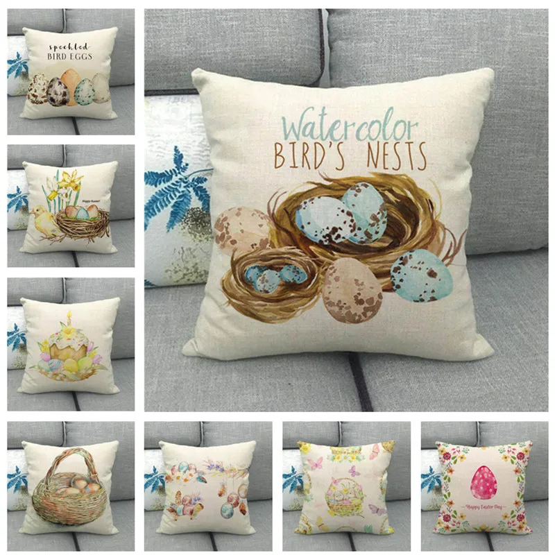 

Easter Cushion Cover Cute Bunny Eggs Printed Pillow Covers 18x18 Inches Easter Decorations Hare Rabbit Flower Linen Pillowcase