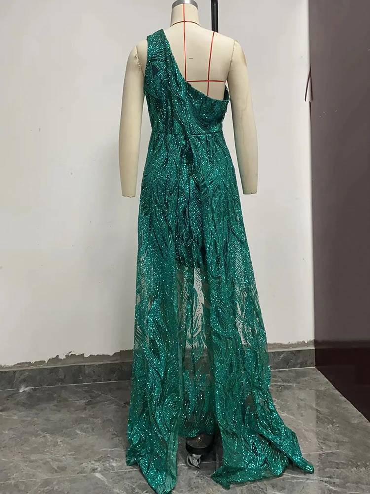 2023 Spring/Summer New Women's Oblique Shoulder Split Long Dress Toast Dress Sequin Sling Evening Dress