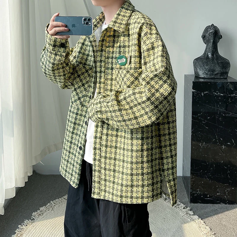 Куртка мужская шерстяная в клетку с отложным воротником |