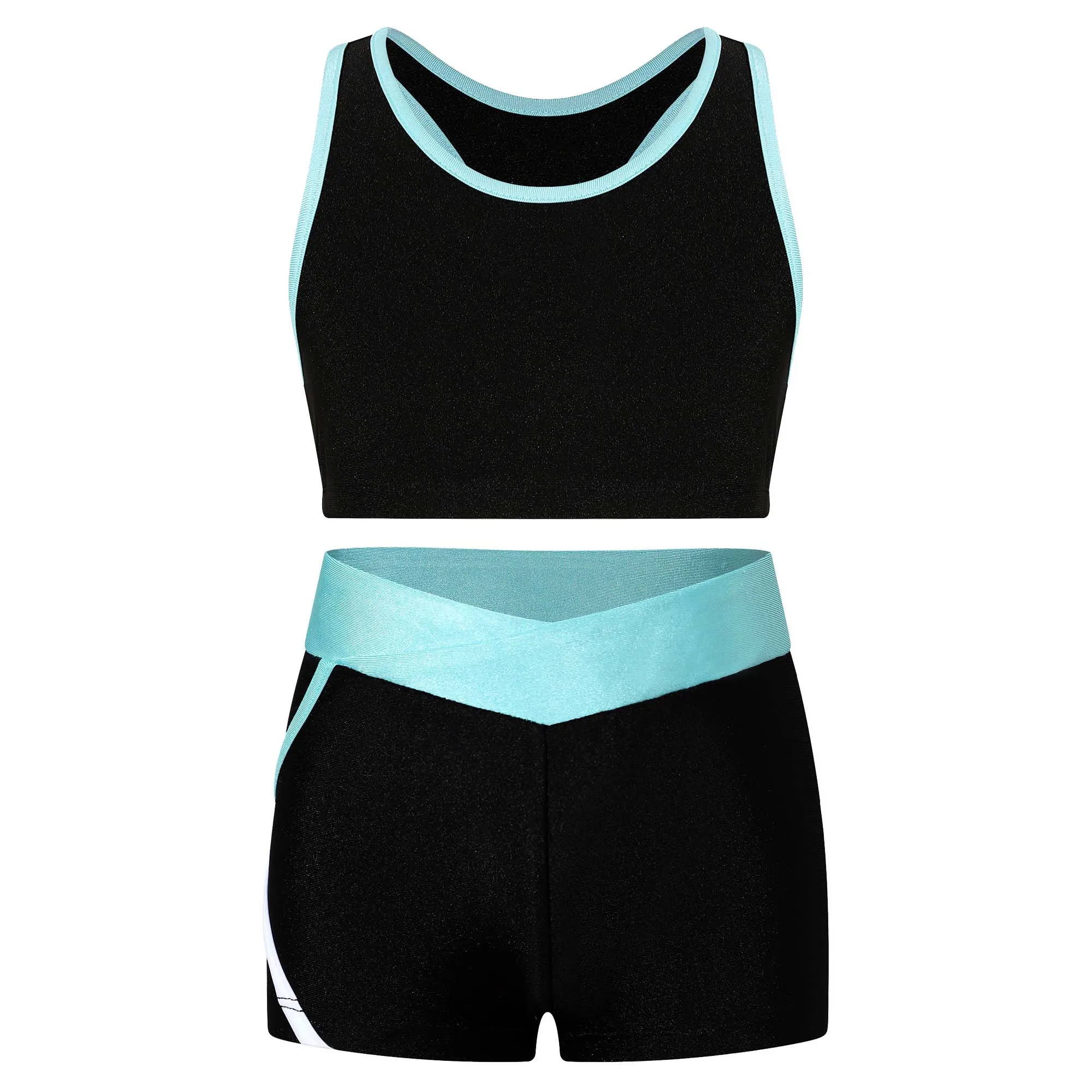 Kids Girls Two Pieces Swimsuit Swimwear Sleeveless Contrast Trim Crop Tops with Skinny Shorts Racer Back Fitness Costume